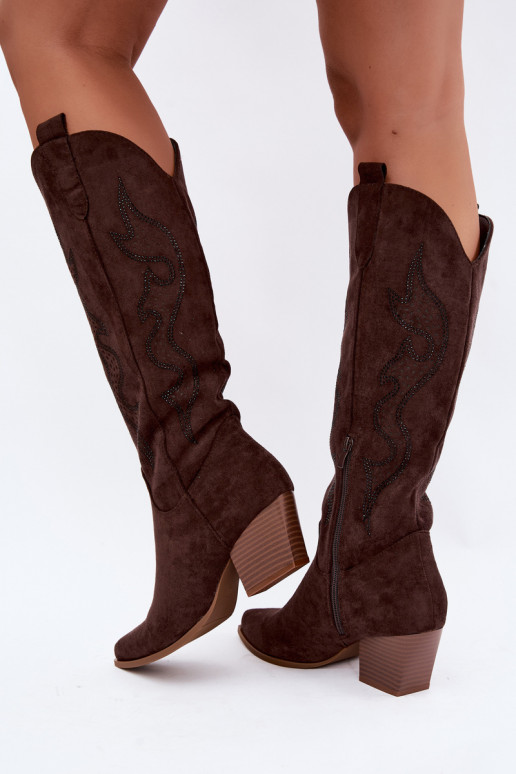botas de estilo cowboy largas con decoración en el caño en color chocolate Greyla