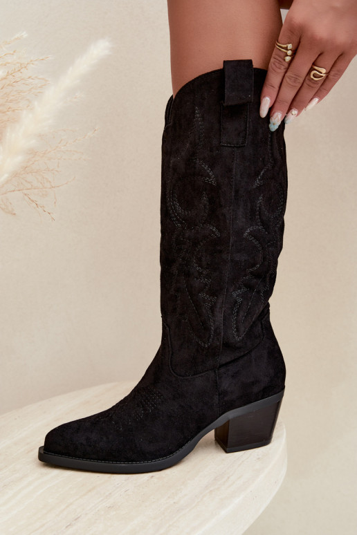 botas de estilo cowboy largas con tacón en color negro INesly