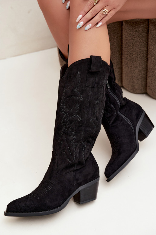 botas de estilo cowboy largas con tacón en color negro INesly