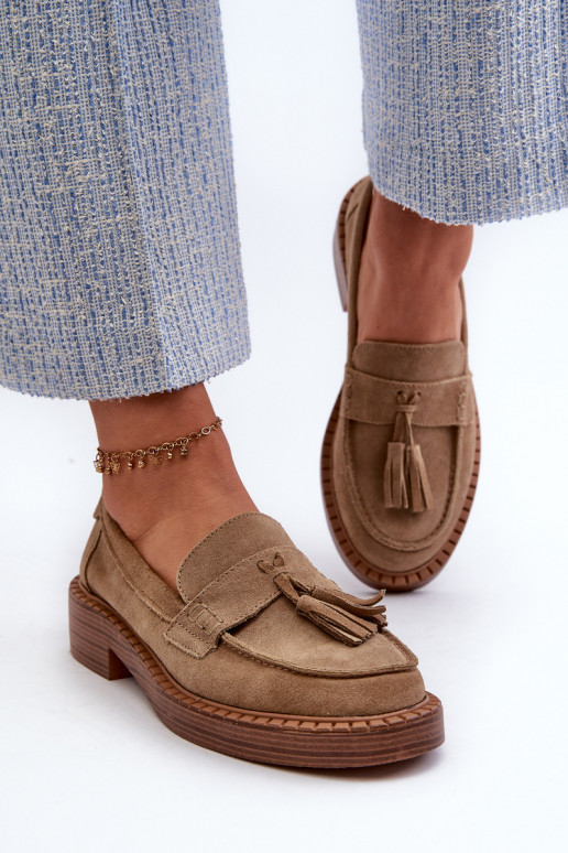 mocasines de ante para mujer con flecos D&A TIN107 en marrón