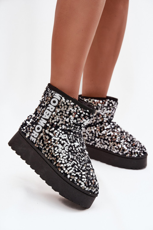 botas de nieve para mujer con plataforma, decoradas con lentejuelas en negro y plata