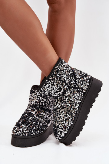 botas de nieve para mujer con plataforma, decoradas con lentejuelas en negro y plata 2