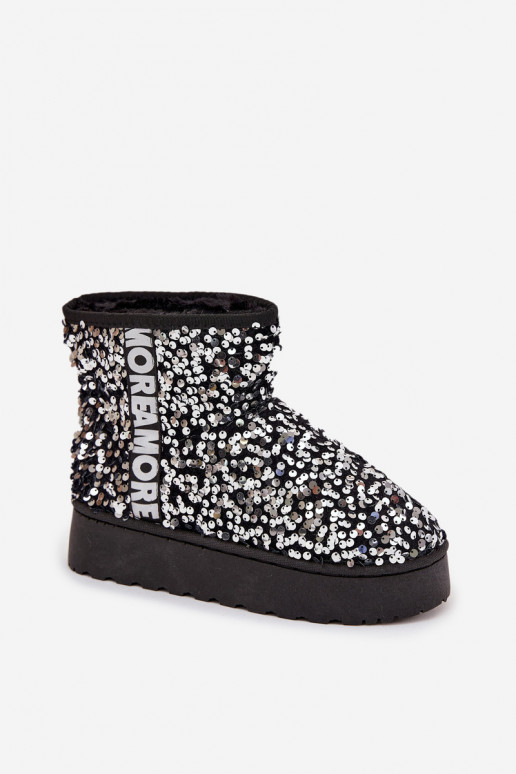 botas de nieve para mujer con plataforma, decoradas con lentejuelas en negro y plata