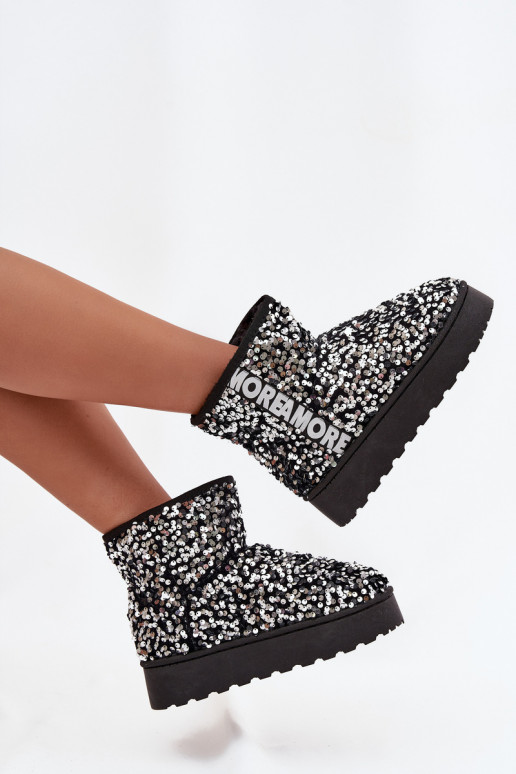 botas de nieve para mujer con plataforma, decoradas con lentejuelas en negro y plata