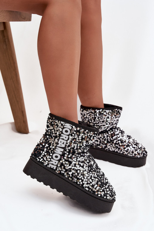 botas de nieve para mujer con plataforma, decoradas con lentejuelas en negro y plata