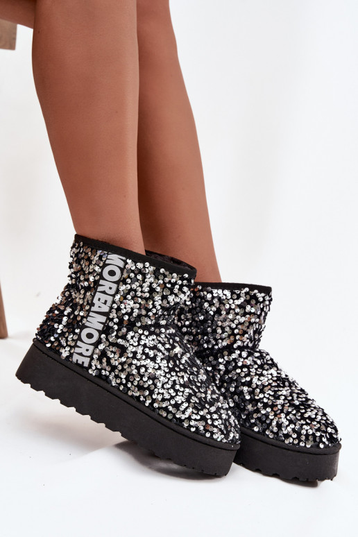 botas de nieve para mujer con plataforma, decoradas con lentejuelas en negro y plata