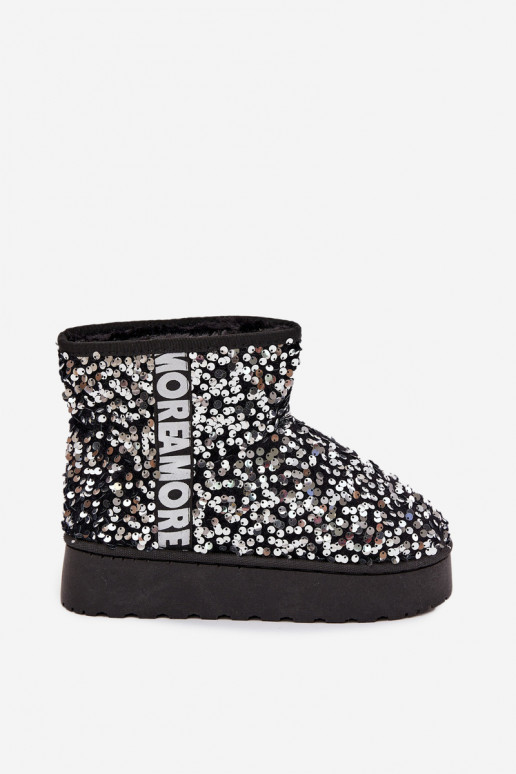 botas de nieve para mujer con plataforma, decoradas con lentejuelas en negro y plata