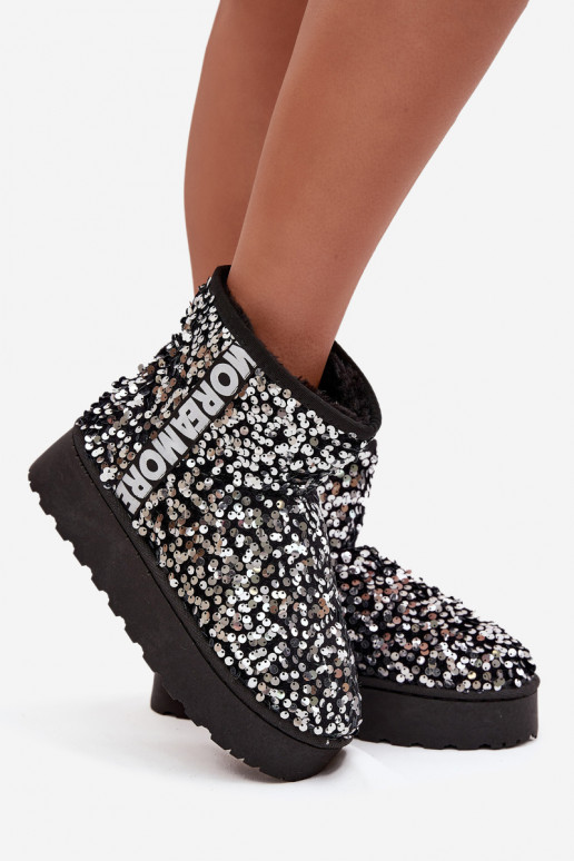 botas de nieve para mujer con plataforma, decoradas con lentejuelas en negro y plata