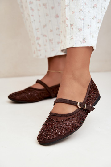 Bailarinas de malla con flores bordadas y lentejuelas en color chocolate Caletta 2