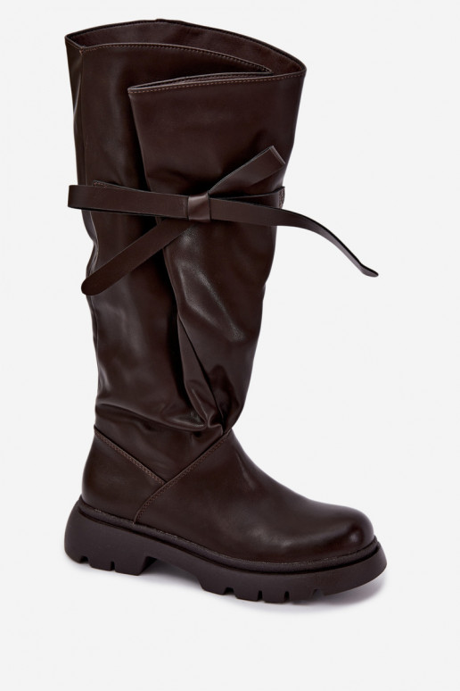 botas altas para mujer con tacones anchos y lazos en color marrón Amely
