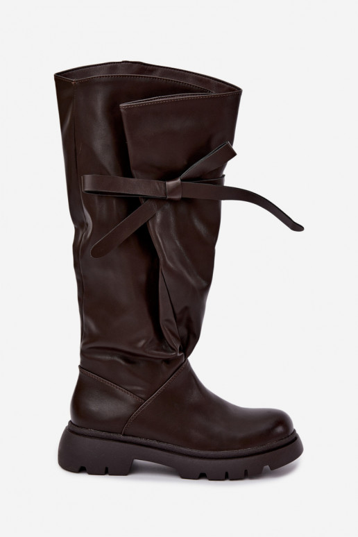 botas altas para mujer con tacones anchos y lazos en color marrón Amely