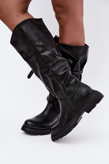 botas altas para mujer con tacones anchos y lazos en color negro Amely