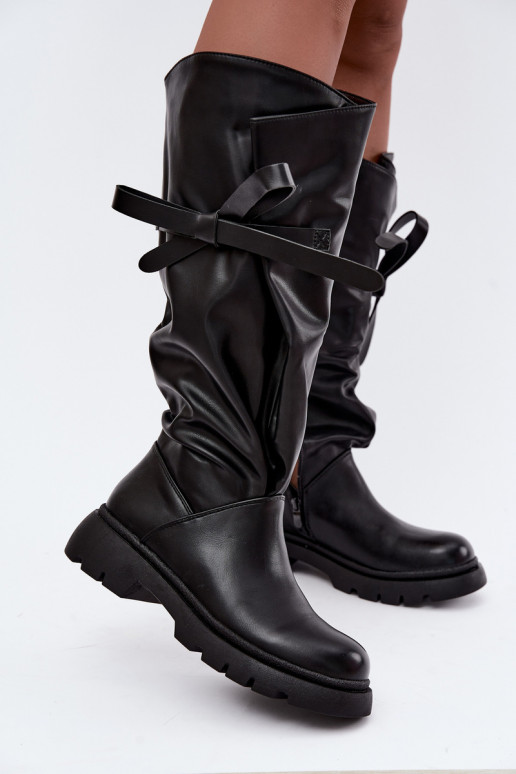 botas altas para mujer con tacones anchos y lazos en color negro Amely