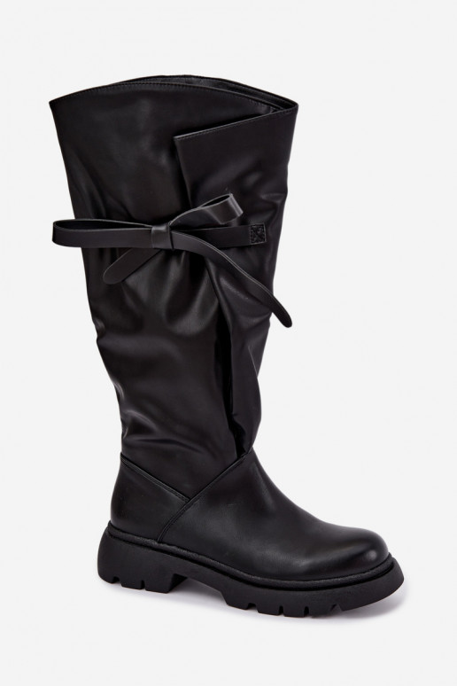 botas altas para mujer con tacones anchos y lazos en color negro Amely