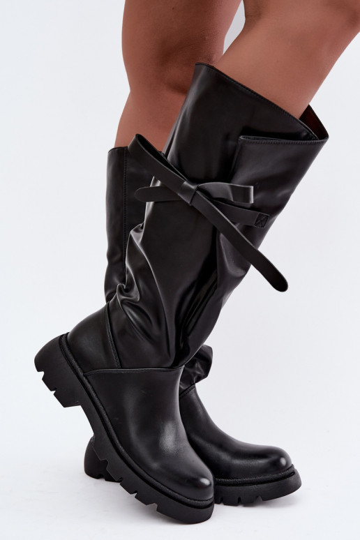 botas altas para mujer con tacones anchos y lazos en color negro Amely