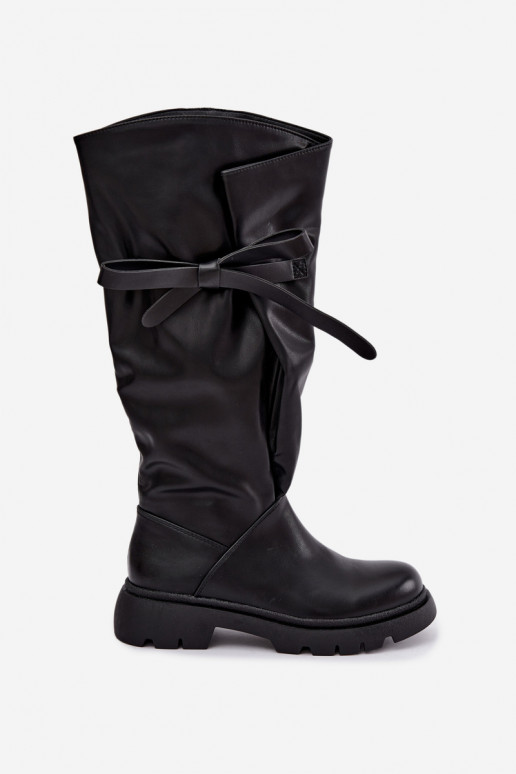 botas altas para mujer con tacones anchos y lazos en color negro Amely
