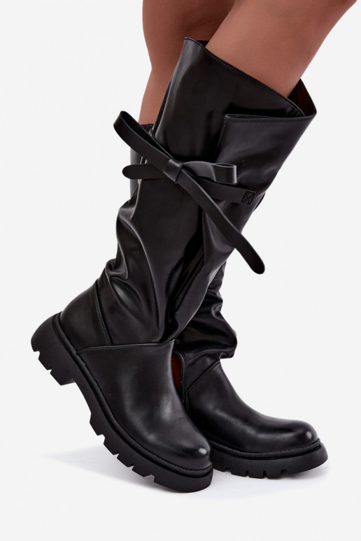 botas altas para mujer con tacones anchos y lazos en color negro Amely
