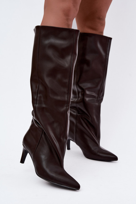 botas altas para mujer slip-on con tacones de cuero sintético en color marrón Favra