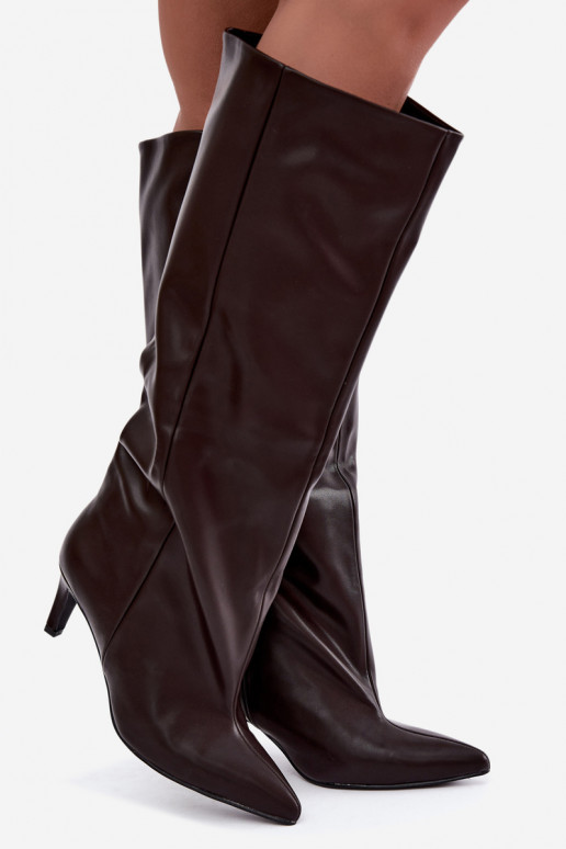 botas altas para mujer slip-on con tacones de cuero sintético en color marrón Favra