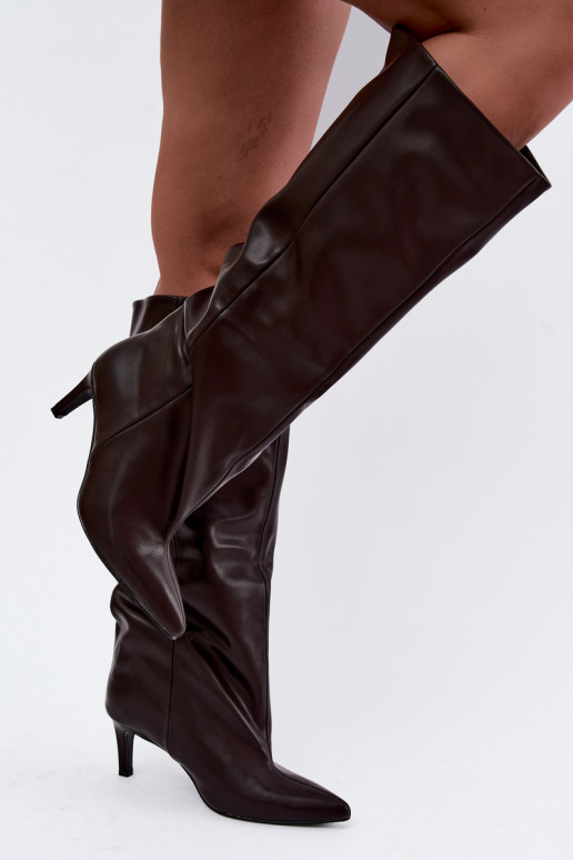 botas altas para mujer slip-on con tacones de cuero sintético en color marrón Favra