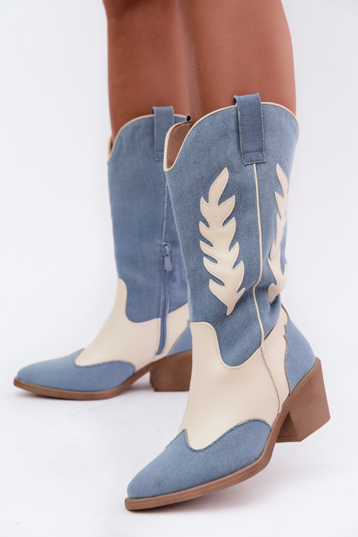 botas altas de estilo vaquero con tacones de mezclilla en color marrón