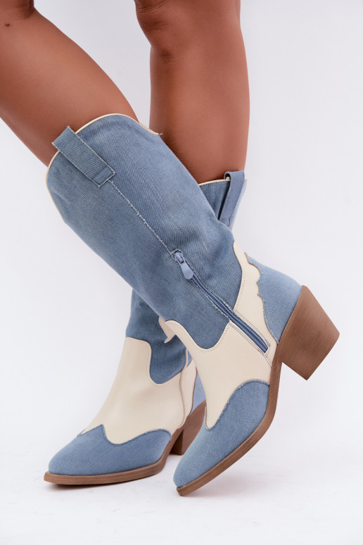 botas altas de estilo vaquero con tacones de mezclilla en color marrón