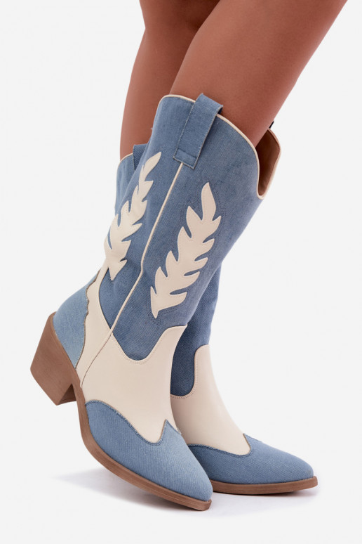 botas altas de estilo vaquero con tacones de mezclilla en color marrón