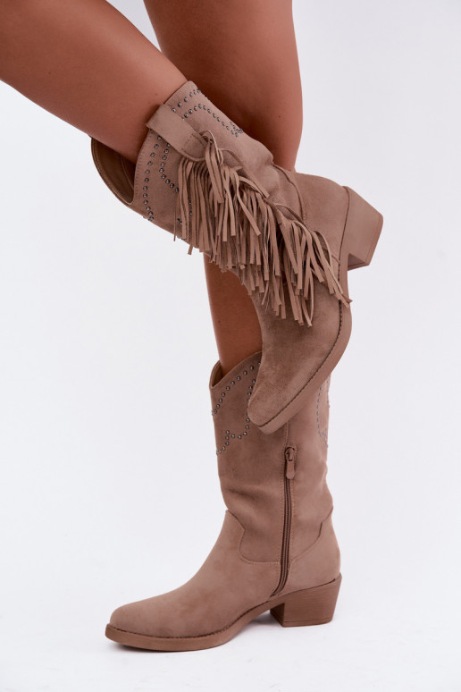 Botines de mujer de estilo cowboy con flecos y adornos en color arena Perlia