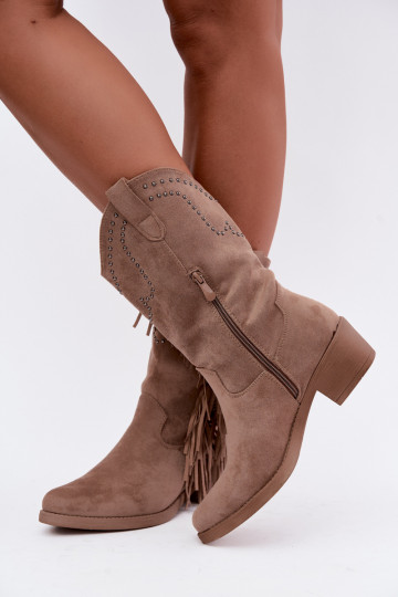 Botines de mujer de estilo cowboy con flecos y adornos en color arena Perlia 2