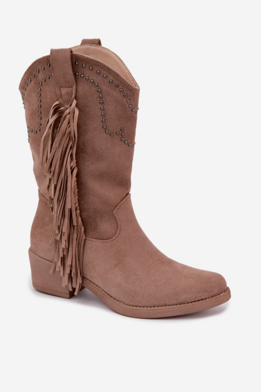 Botines de mujer de estilo cowboy con flecos y adornos en color arena Perlia