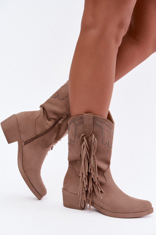 Botines de mujer de estilo cowboy con flecos y adornos en color arena Perlia