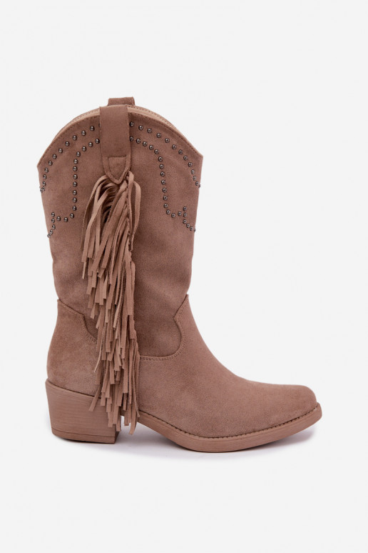 Botines de mujer de estilo cowboy con flecos y adornos en color arena Perlia