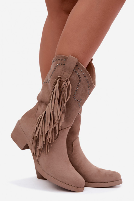 Botines de mujer de estilo cowboy con flecos y adornos en color arena Perlia