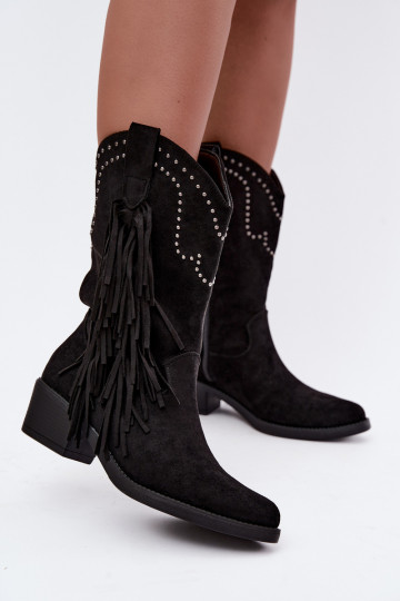 Botines de mujer de estilo cowboy con flecos y adornos en color negro Perlia
