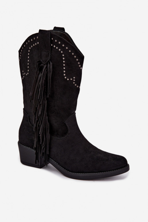 Botines de mujer de estilo cowboy con flecos y adornos en color negro Perlia