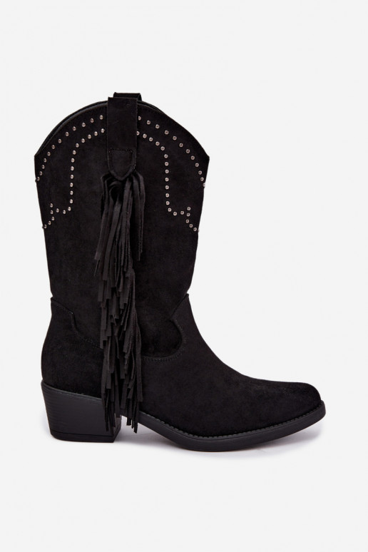 Botines de mujer de estilo cowboy con flecos y adornos en color negro Perlia