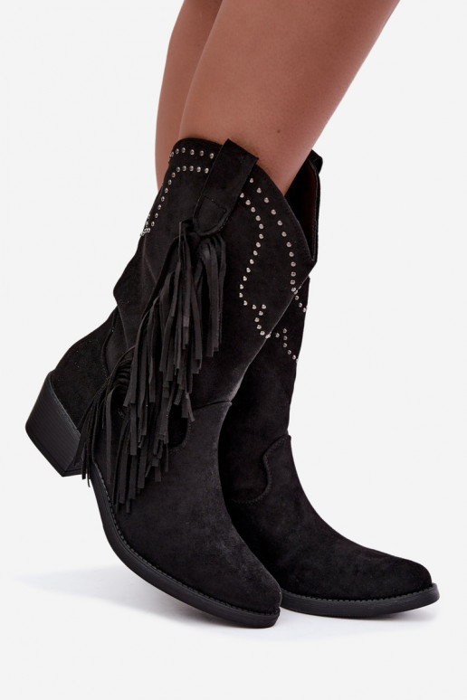 Botines de mujer de estilo cowboy con flecos y adornos en color negro Perlia