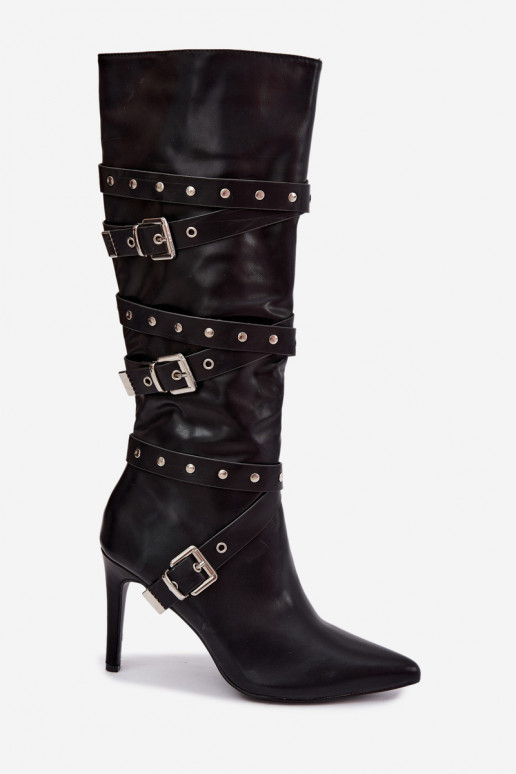 Botas altas para mujer con tacones delgados y hebillas en color negro Invera