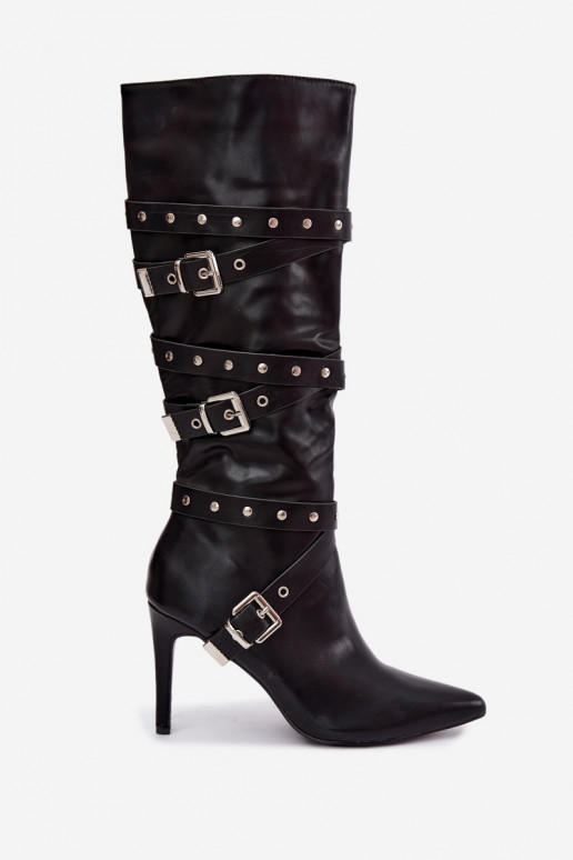 Botas altas para mujer con tacones delgados y hebillas en color negro Invera