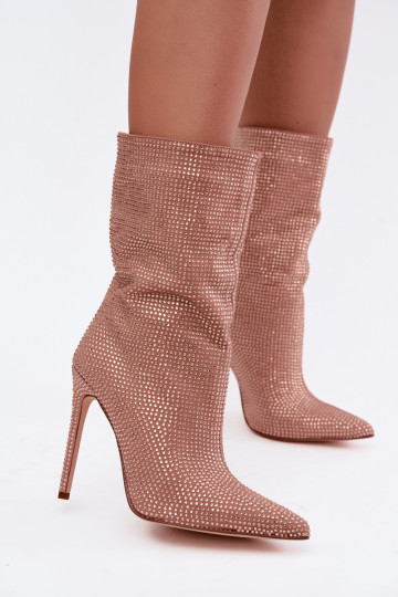 Botines de mujer decorados con tacones delgados en color champán Galessa