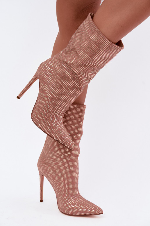 Botines de mujer decorados con tacones delgados en color champán Galessa