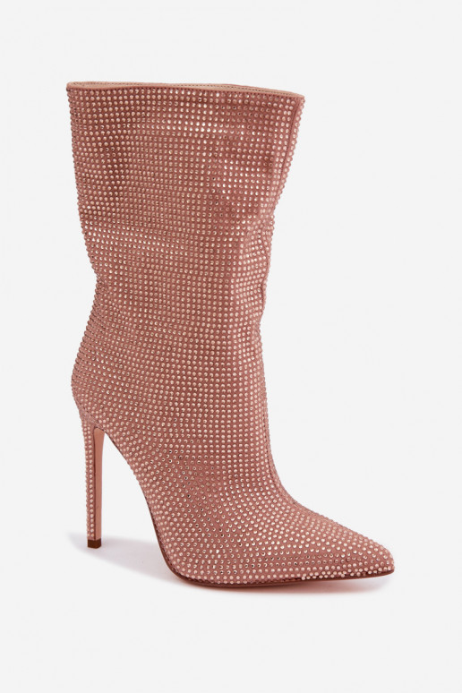 Botines de mujer decorados con tacones delgados en color champán Galessa