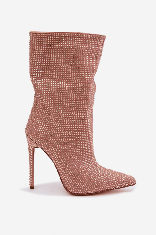 Botines de mujer decorados con tacones delgados en color champán Galessa