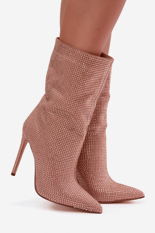Botines de mujer decorados con tacones delgados en color champán Galessa
