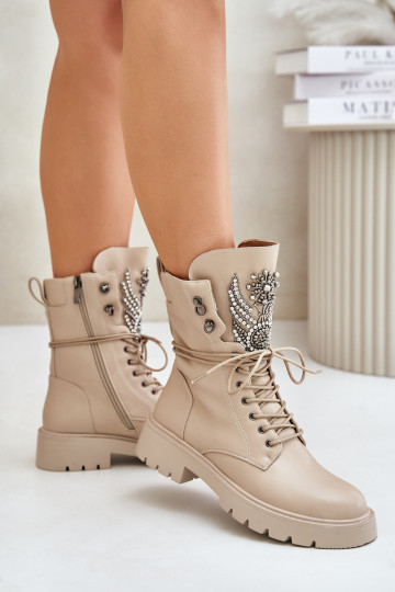 Botines de trabajo aislados de cuero sintético con decoración D&A MR880-080 beige