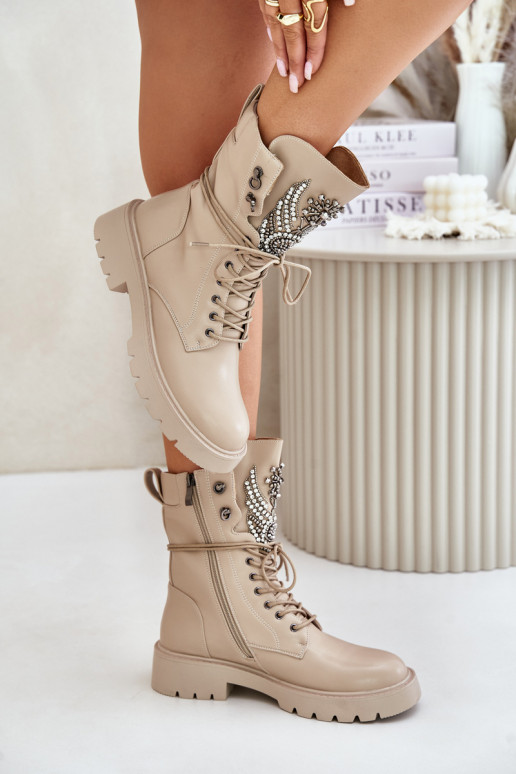 Botines de trabajo aislados de cuero sintético con decoración D&A MR880-080 beige