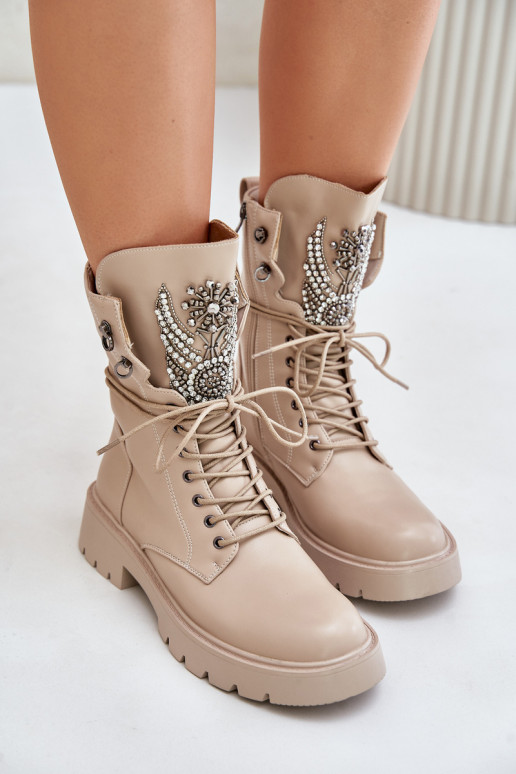 Botines de trabajo aislados de cuero sintético con decoración D&A MR880-080 beige