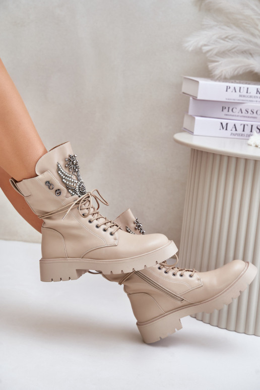 Botines de trabajo aislados de cuero sintético con decoración D&A MR880-080 beige