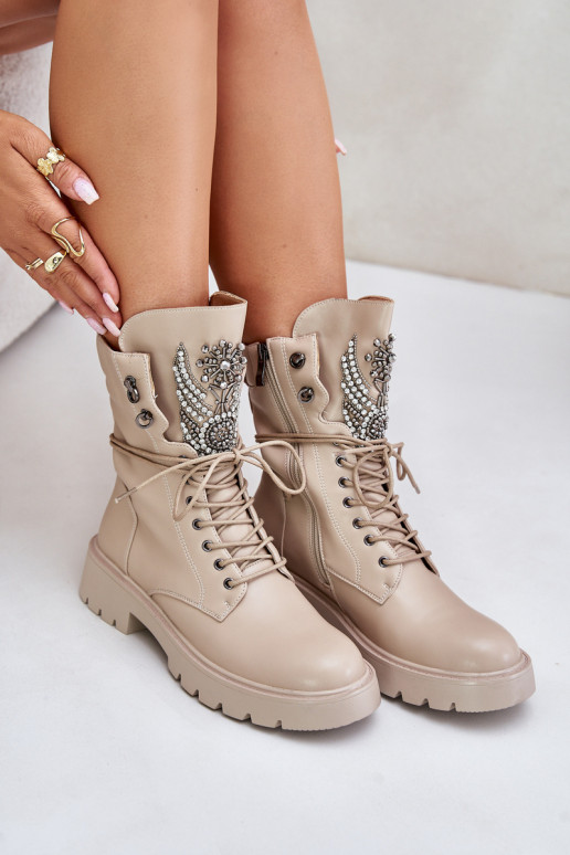 Botines de trabajo aislados de cuero sintético con decoración D&A MR880-080 beige
