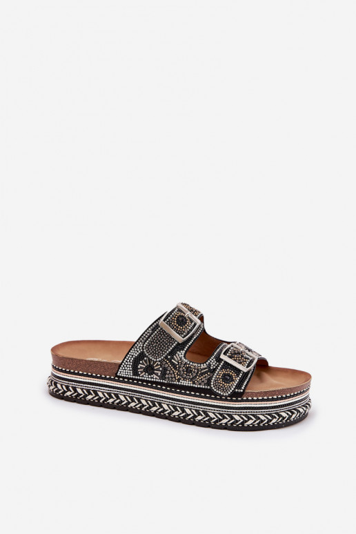 Chanclas con decoración y hebilla en plataforma negras Mellene